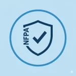 Sello de cumplimiento de normas NFPA que garantiza la calidad y seguridad legal de las alarmas de incendio.