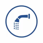 Icono azul de cabezal de ducha representando sistemas de rociadores vinculados a centrales de alarmas de incendio.