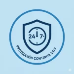 Escudo protector con reloj indicando el monitoreo constante y protección 24/7 de sus alarmas de incendio.